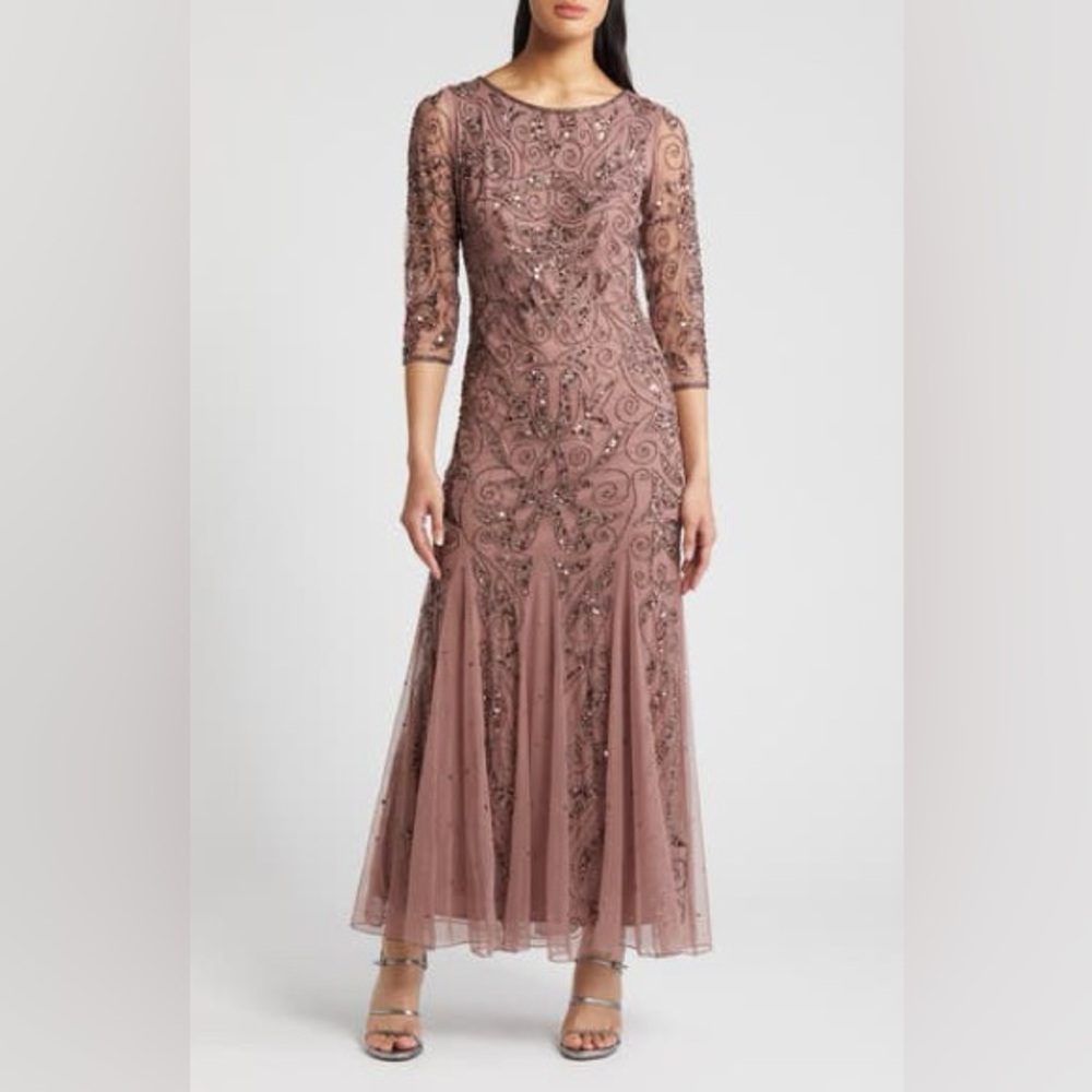 PISARRO NIGHTS Illusion Sleeve Beaded A-Line Gown ❤️NWT❤️IN STORES❤️